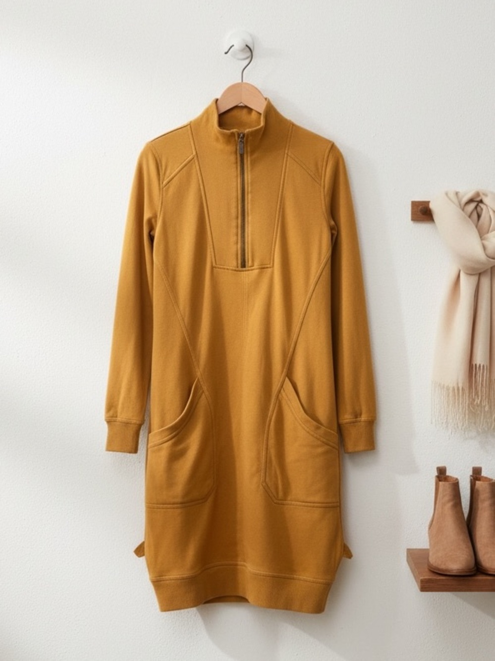 Tribal 1/4 Zip Mustard Yellow Long Sleeve Sweatshirt Cotton Dress Size S